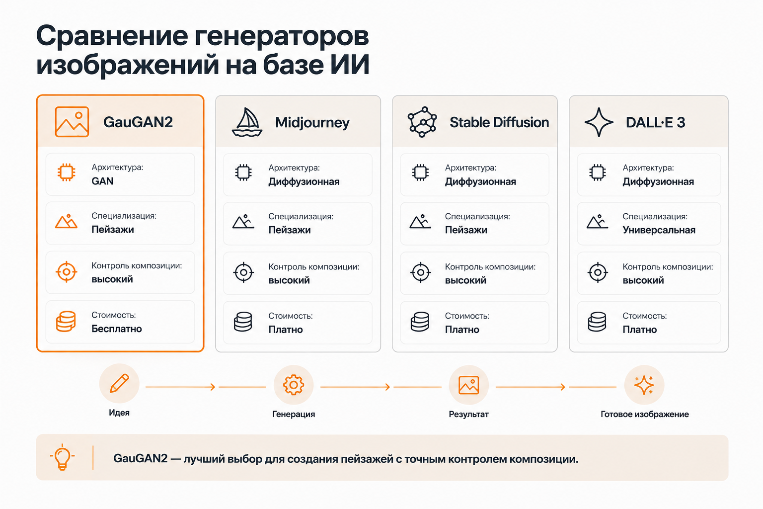 Сравнение GauGAN2 с Midjourney, Stable Diffusion и DALL·E 3 по ключевым параметрам