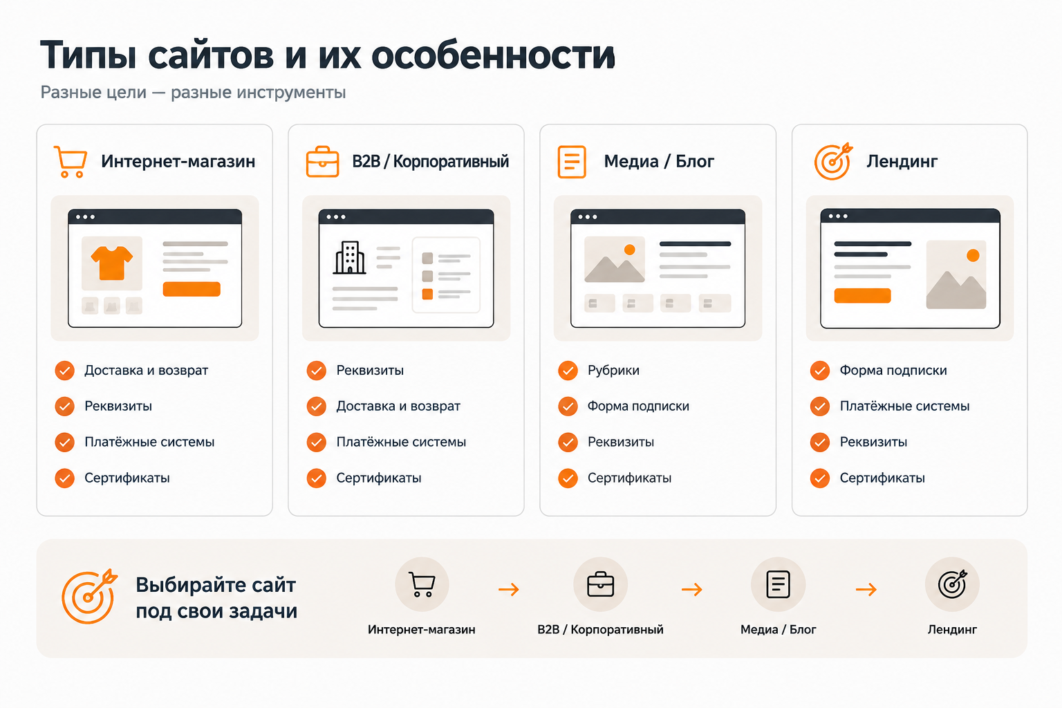 Сравнение элементов футера для интернет-магазина, B2B, медиа и лендинга
