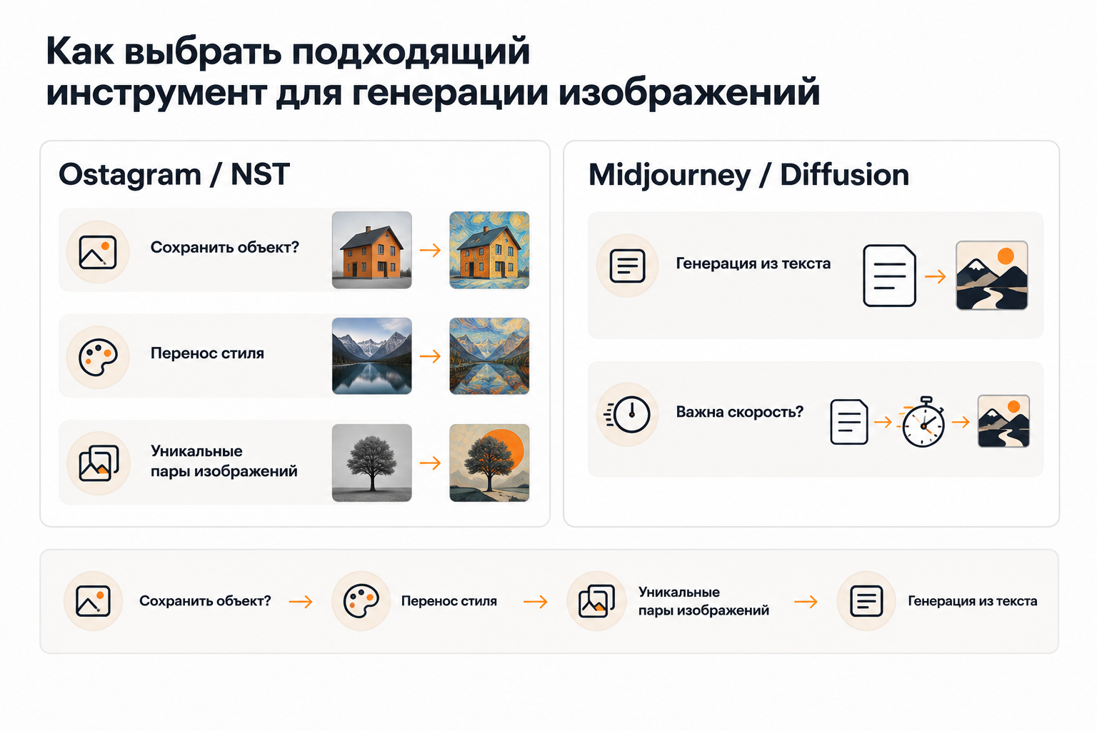 Сравнительная схема выбора между Ostagram и диффузионными генераторами по трём критериям