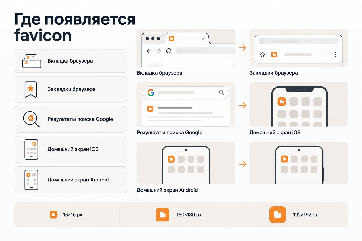 Инфографика: где отображается favicon — вкладки, закладки, Google, iOS, Android