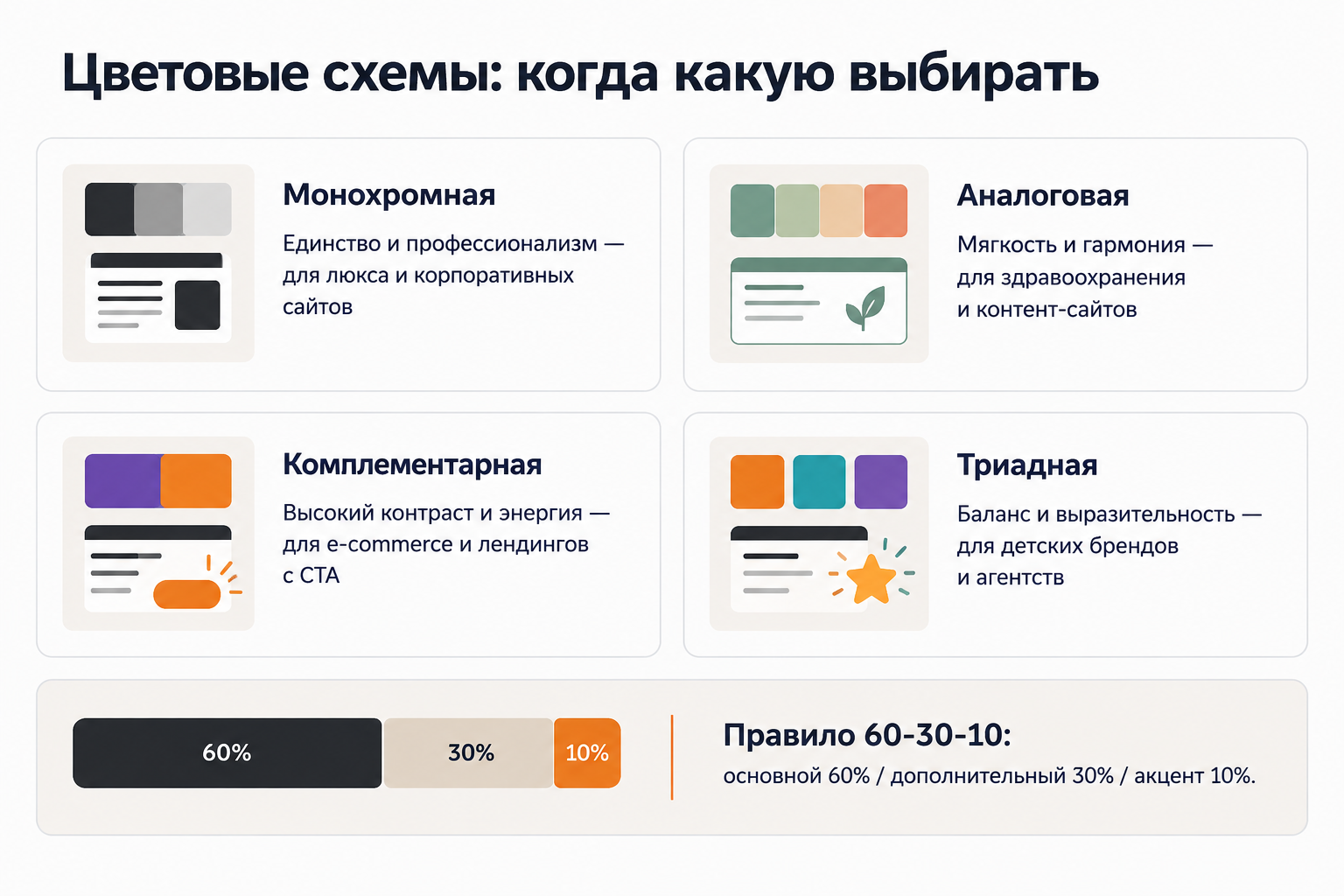 Сравнение цветовых схем сайта: монохромная, аналоговая, комплементарная, триадная