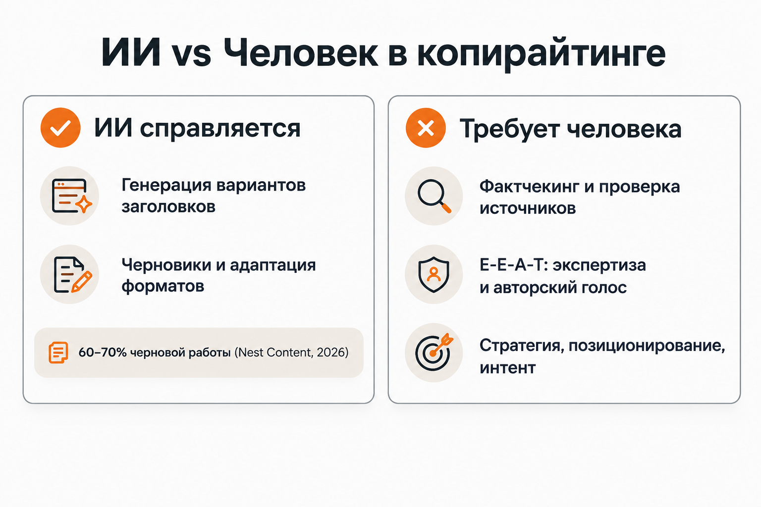 Сравнение задач ИИ и копирайтера-человека в 2026 году