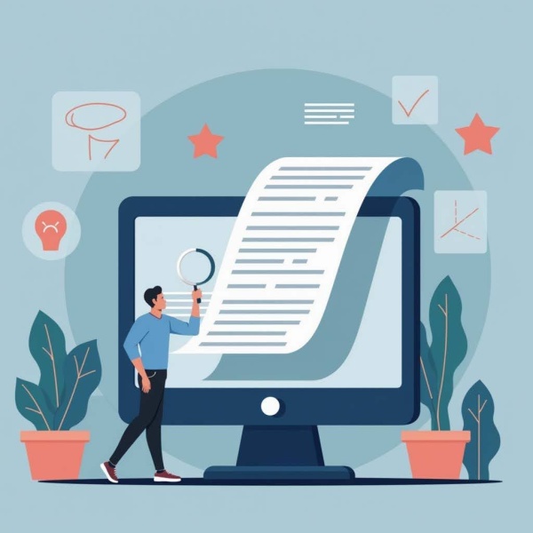 Анализ SEO текста на экране компьютера. Мужчина с лупой исследует контент для поисковой оптимизации.