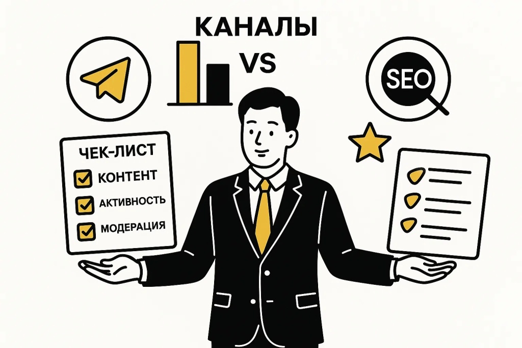 Сравнение SEO и Telegram каналов по контенту и активности по чек-листу.
