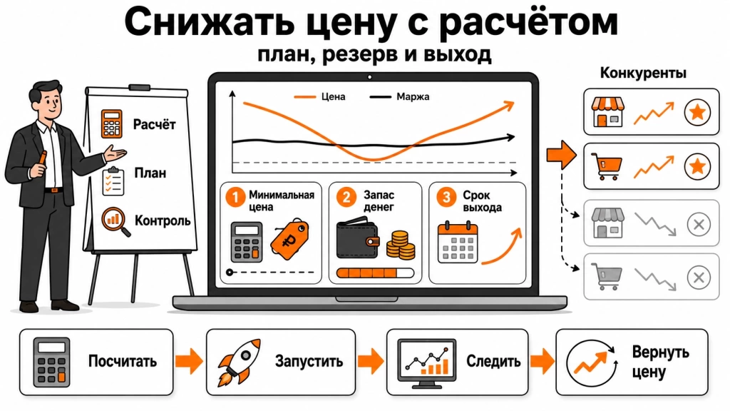 strategiya-snizheniya-cen-bez-ubytkov.webp Инфографика о безопасном снижении цен с расчётом маржи, финансового резерва и срока выхода.