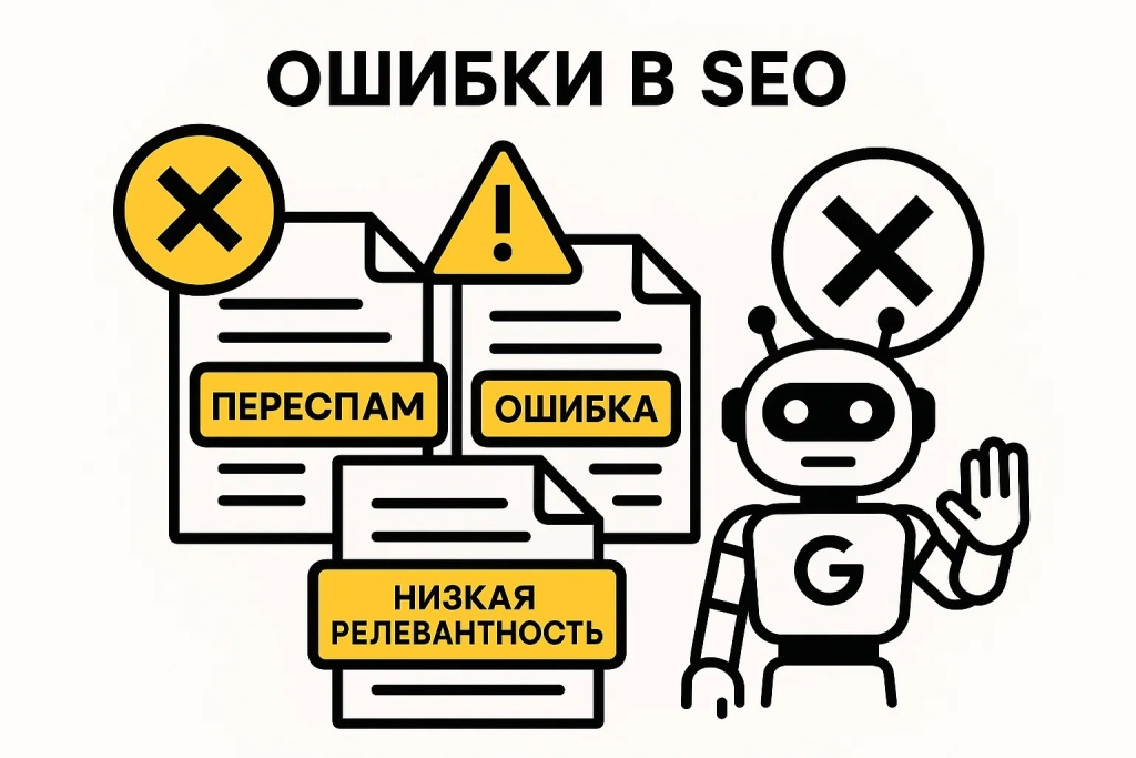 Ошибки в SEO из-за переспама и низкой релевантности контента.