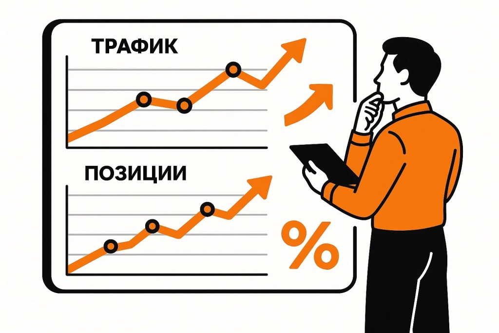 Рост SEO трафика и позиций на графике для анализа эффективности продвижения Рост SEO трафика и позиций на графике для анализа эффективности продвижения