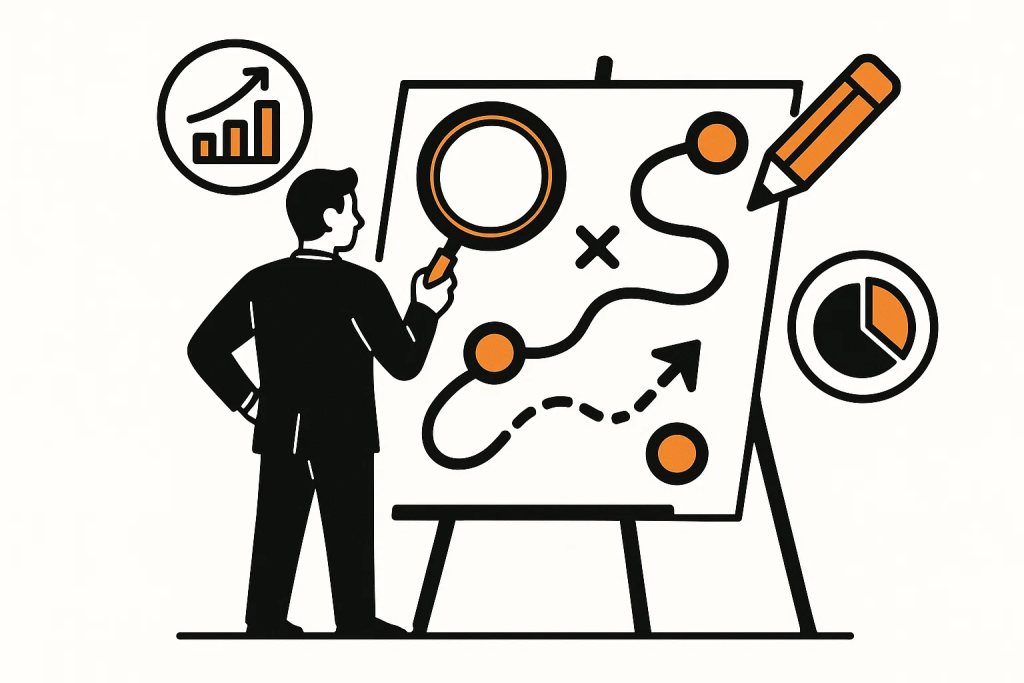 Изображение маркетолога, работающего над стратегией и планом оптимизации сайта под AI-поиск.