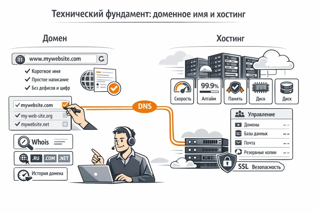 tehnicheskij-fundament-domen-i-hosting.jpg Инфографика о техническом фундаменте сайта: доменное имя, DNS, сервер, хостинг, стабильность работы и настройка инфраструктуры.