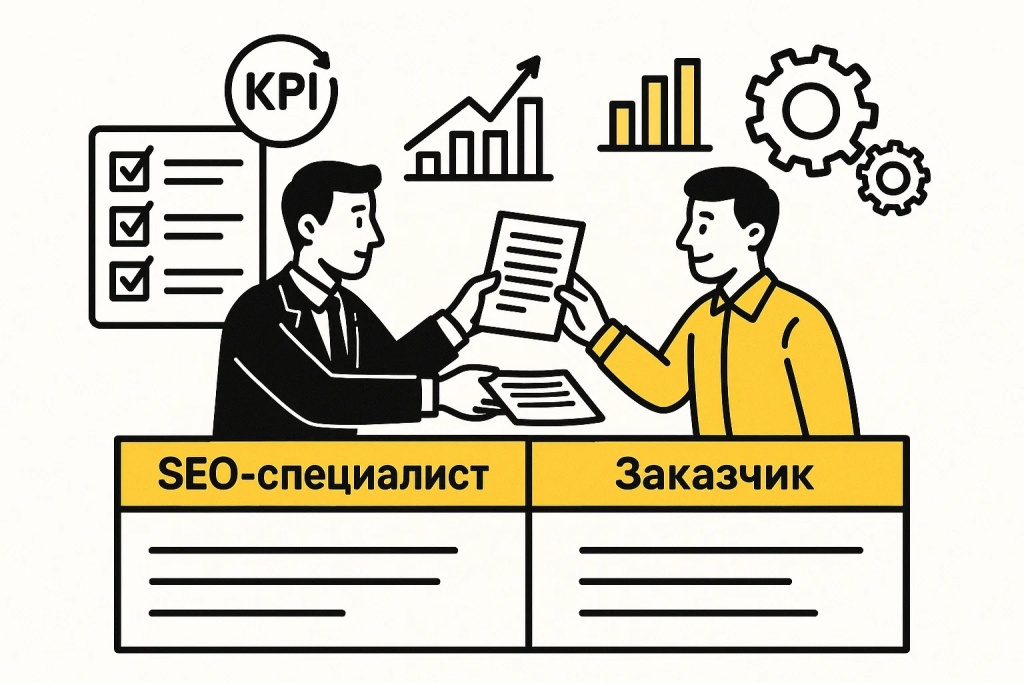 SEO специалист и заказчик обсуждают KPI и цели интернет продвижения проекта. SEO специалист и заказчик обсуждают KPI и цели интернет продвижения проекта.