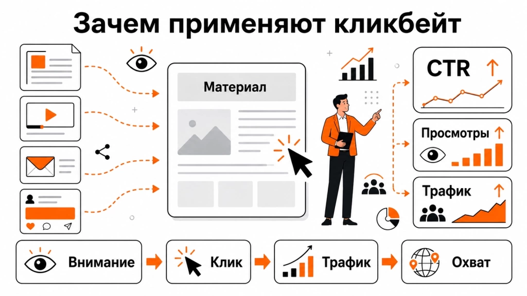 Инфографика о том, зачем применяют кликбейт: чтобы привлечь внимание, увеличить CTR, трафик, просмотры и охват.