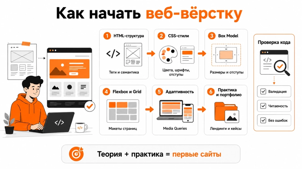 obuchenie-veb-verstke-s-chego-nachat.webp Инфографика о том, с чего начать обучение веб-вёрстке: HTML, CSS, практика, макеты, адаптивность, валидация и портфолио.