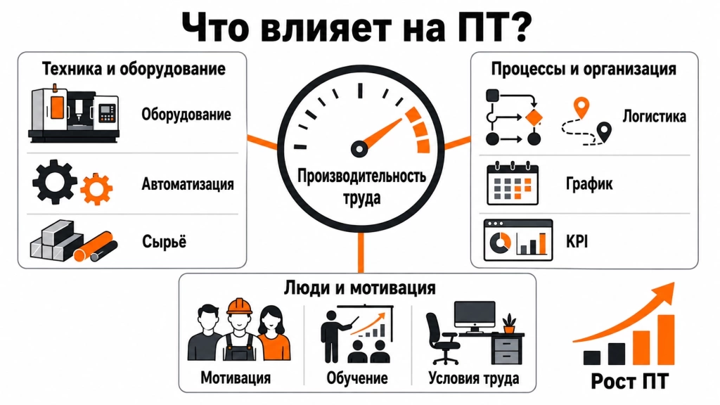 Инфографика о факторах, влияющих на производительность труда: оборудование, процессы, логистика, мотивация и условия труда. 