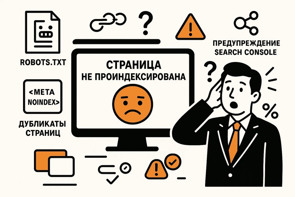 Ошибка индексации страницы не проиндексирована и предупреждение SEO.