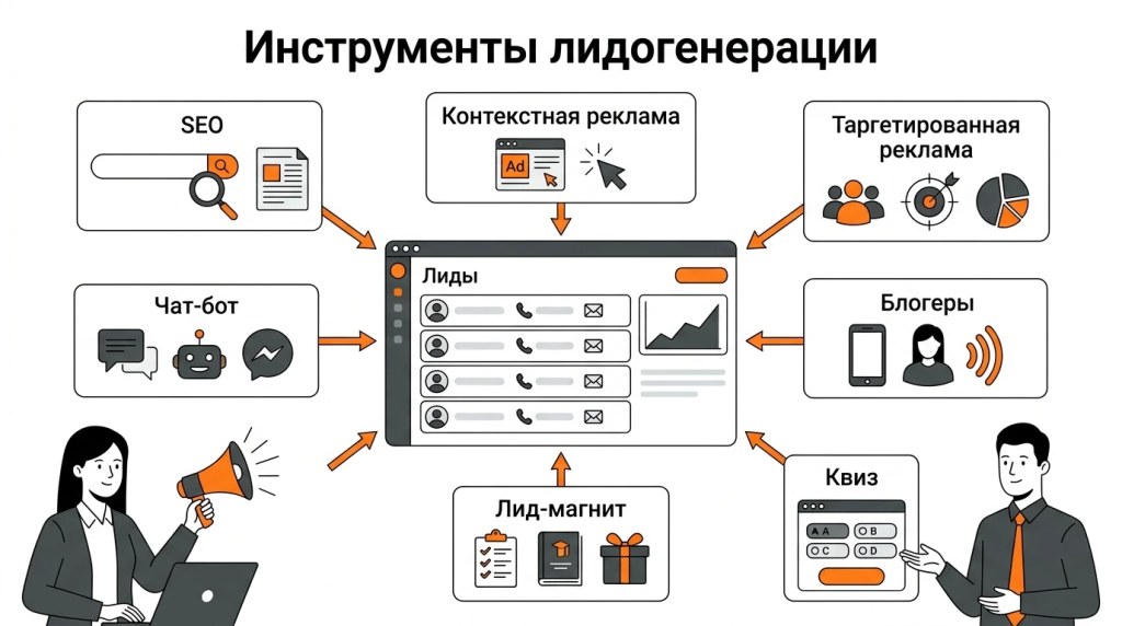 Инфографика о методах привлечения лидов: реклама, SEO, лид-магниты, квизы, формы, чат-боты и мессенджеры. 