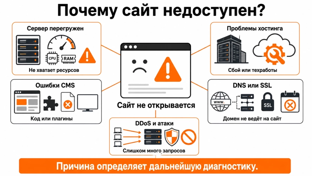 osnovnye-prichiny-nedostupnosti-sajta.webp Инфографика с основными причинами недоступности сайта: сервер, CMS, DNS, SSL, DDoS и проблемы хостинга.