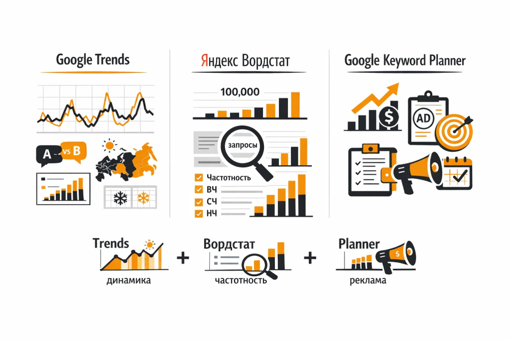 Иллюстрация сравнения Google Trends с Яндекс Вордстат и Google Keyword Planner.