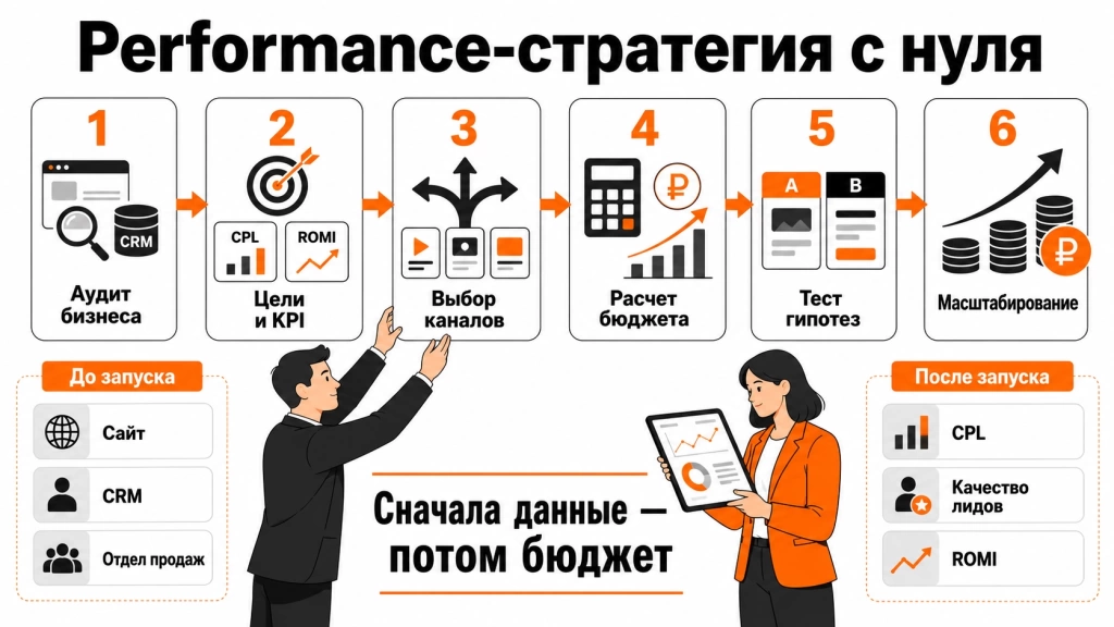 etapy-razrabotki-perfomans-strategii.webp Инфографика об этапах разработки performance-стратегии: аудит, выбор каналов, бюджет, тестирование, масштабирование и контроль KPI.