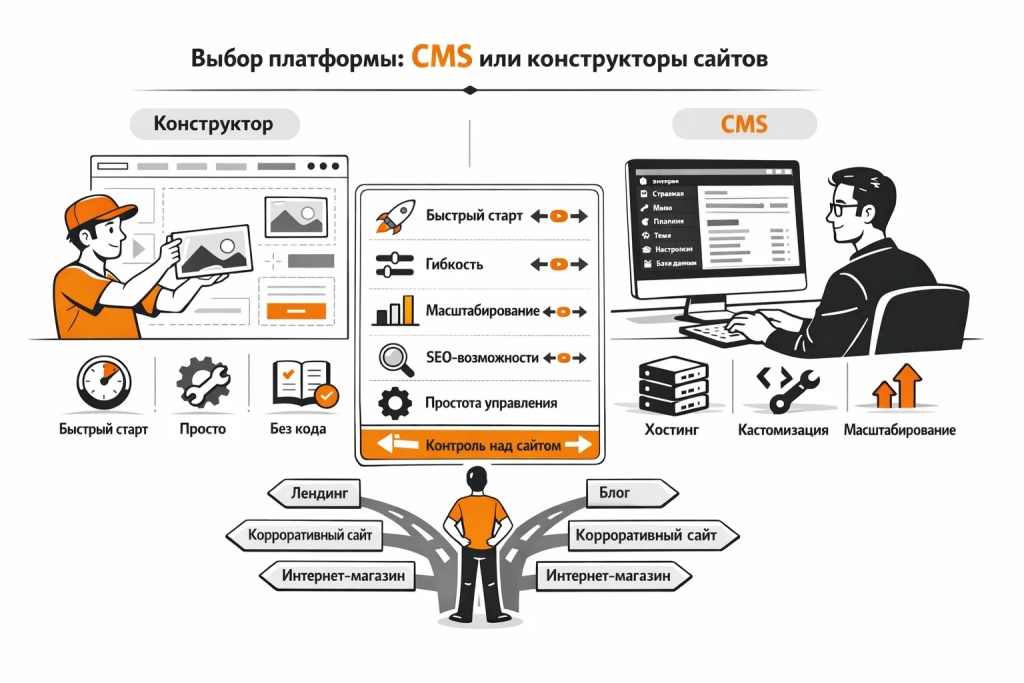 vybor-platformy-cms-ili-konstruktory-sajtov.jpg Инфографика о выборе платформы для сайта: сравнение CMS и конструктора сайтов, гибкость, скорость запуска, настройка и масштабируемость.