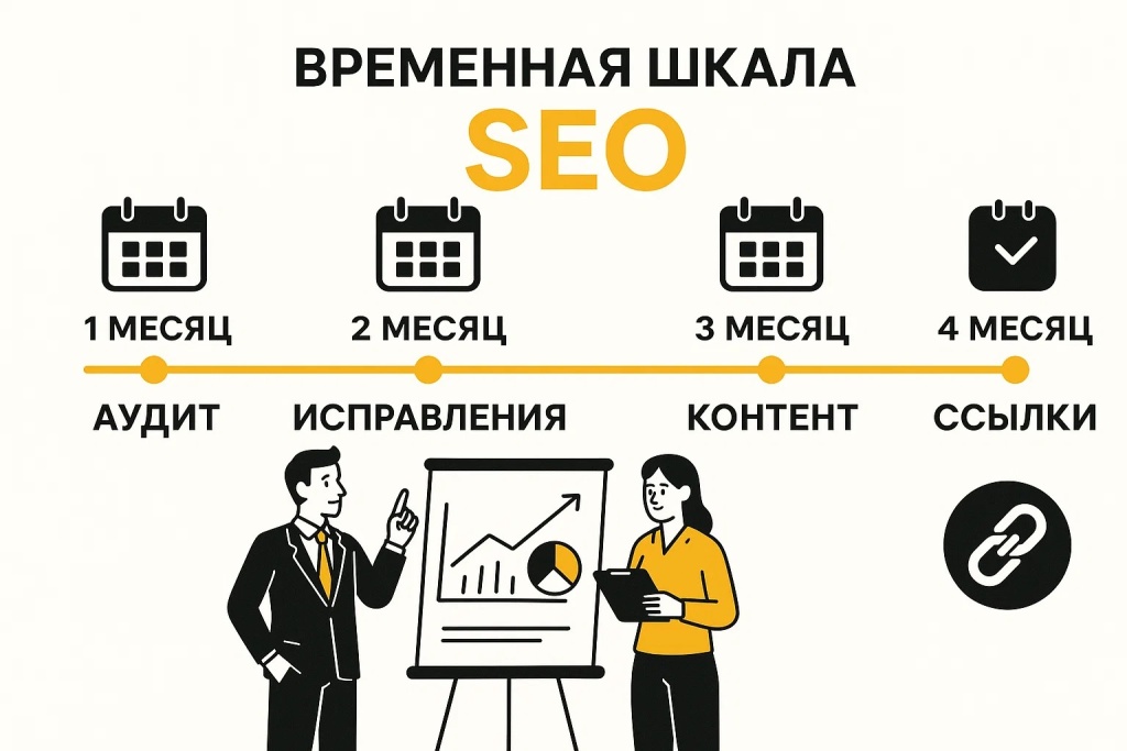 Временная шкала SEO показывает этапы продвижения сайта — от аудита до построения ссылок.