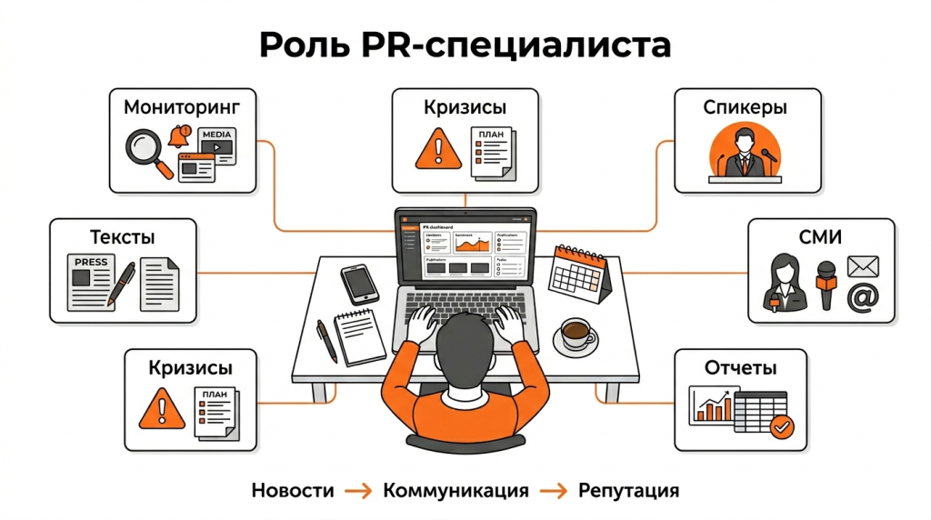 Инфографика о работе PR-специалиста: мониторинг упоминаний, пресс-релизы, коммуникация со СМИ, спикеры, кризисы и отчётность. 