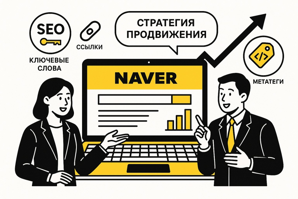 SEO Prodvizhenie sajtov v Naver_ Osnovnye trebovaniya poiskovoj sistemy i sovety po optimizacii.jpeg SEO продвижение сайтов в Naver на ноутбуке с графиками и иконками оптимизации.