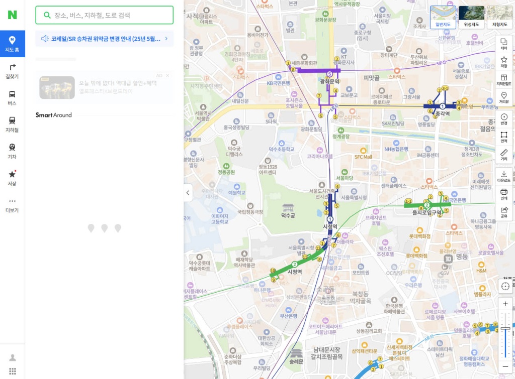 naver-map-interface.jpg Навигационная карта с маршрутами метро и точками интереса на Naver.