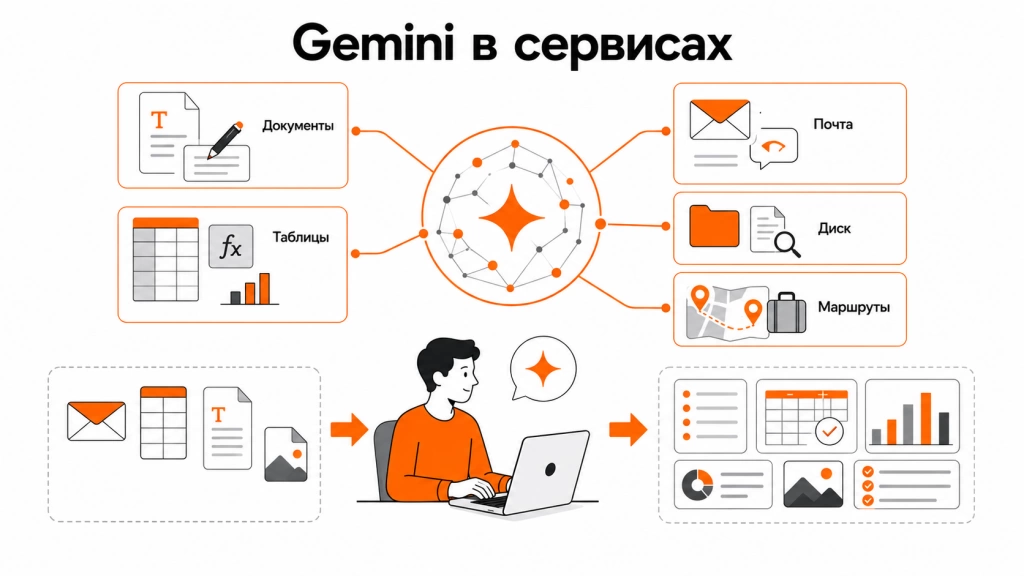 Инфографика об использовании Gemini в экосистеме Google: документы, таблицы, почта, диск, карты, поездки и персональные ИИ-помощники.