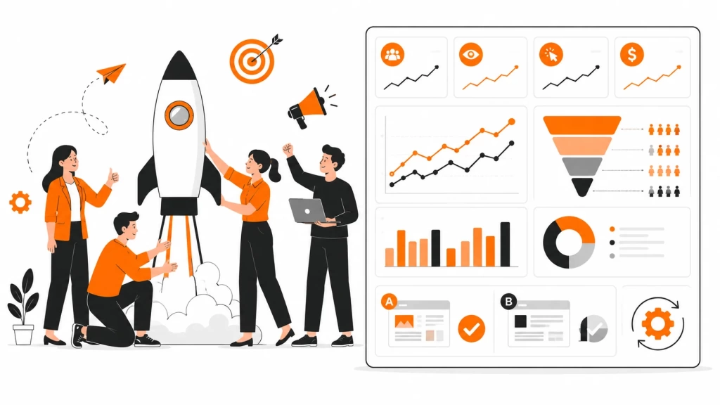 pilotnyy-zapusk-b2b-marketinga-analitika-kpi.webp Пилотный запуск B2B-маркетинга: команда тестирует кампанию и анализирует KPI.