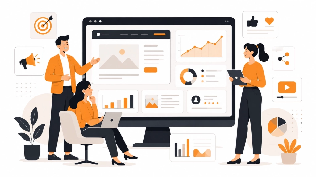 Три специалиста обсуждают услуги digital-агентства рядом с макетом сайта, SEO-графиком, рекламной панелью, соцсетями и аналитикой. 