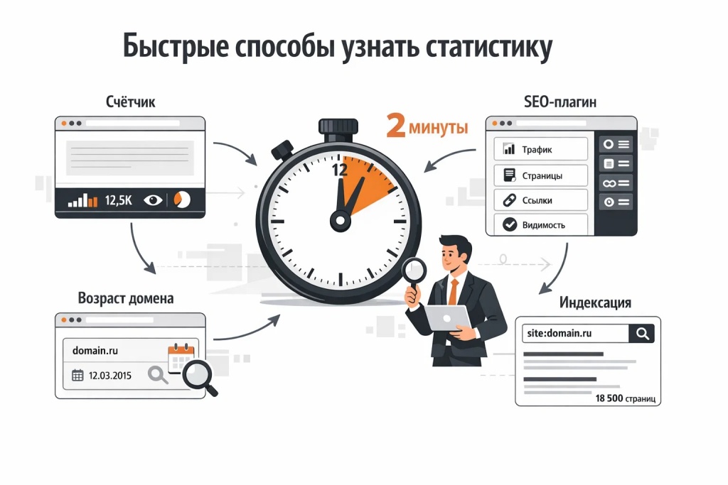 bystrye-sposoby-uznat-statistiku-2-minuty.jpg Инфографика о быстрых способах узнать статистику сайта за 2 минуты: таймер, браузер, открытый счётчик, whois, индексация страниц и SEO-плагин.