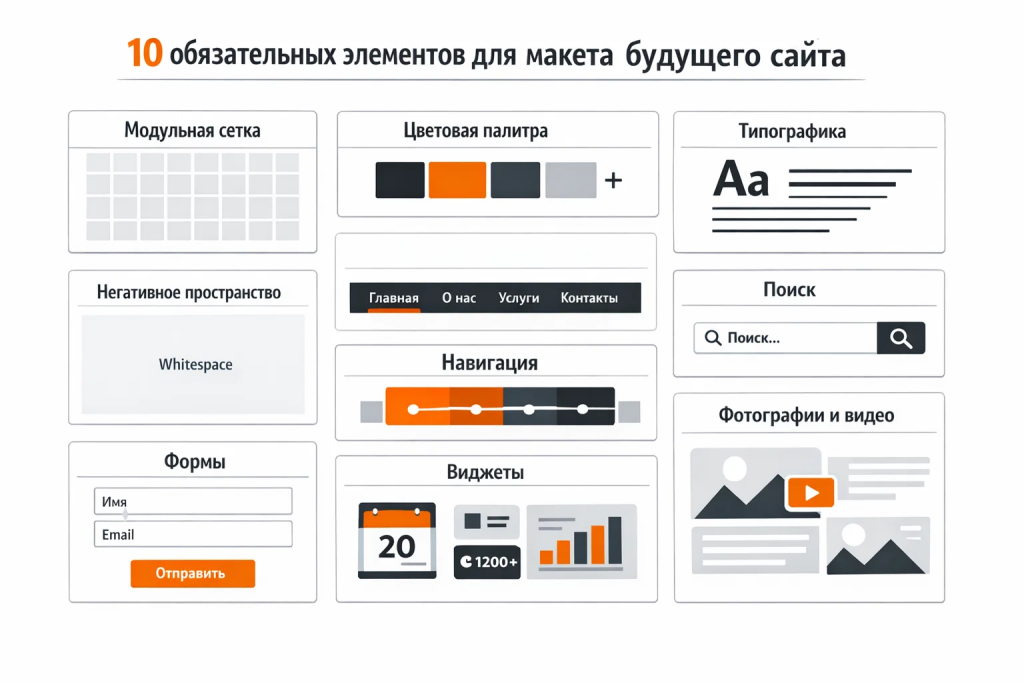 10 обязательных элементов макета сайта: сетка, цвет, шрифты, формы, навигация.