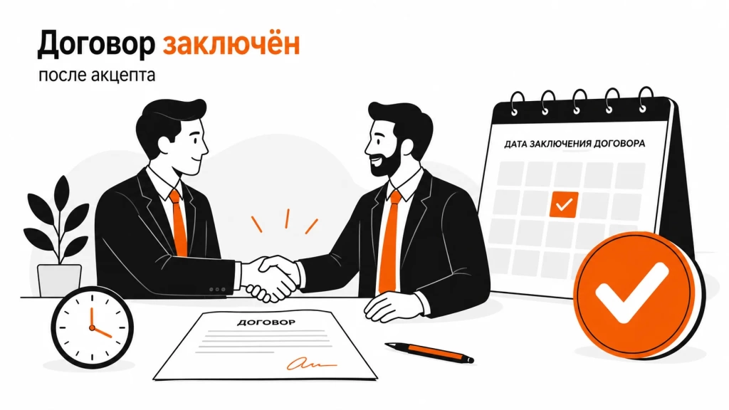 Договор заключен после акцепта с подписью и рукопожатием. 
