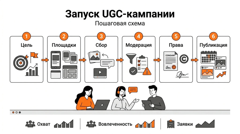 Инфографика о пошаговом запуске UGC-кампании: цели, площадки, сбор контента, модерация, права и публикация. 