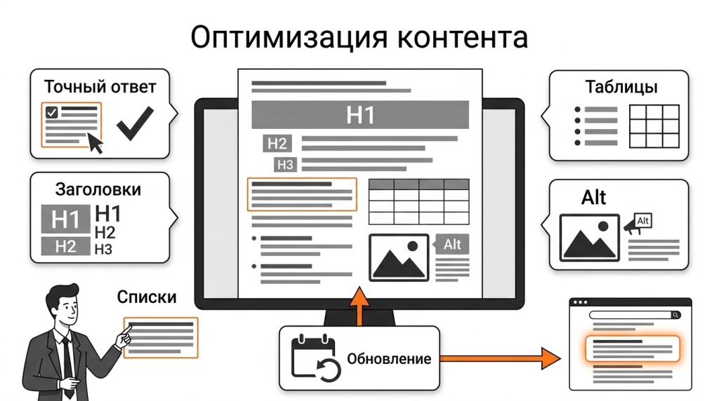 Инфографика о методах оптимизации контента для расширенного сниппета: точный ответ, заголовки, списки, таблицы, alt и обновление статьи. 