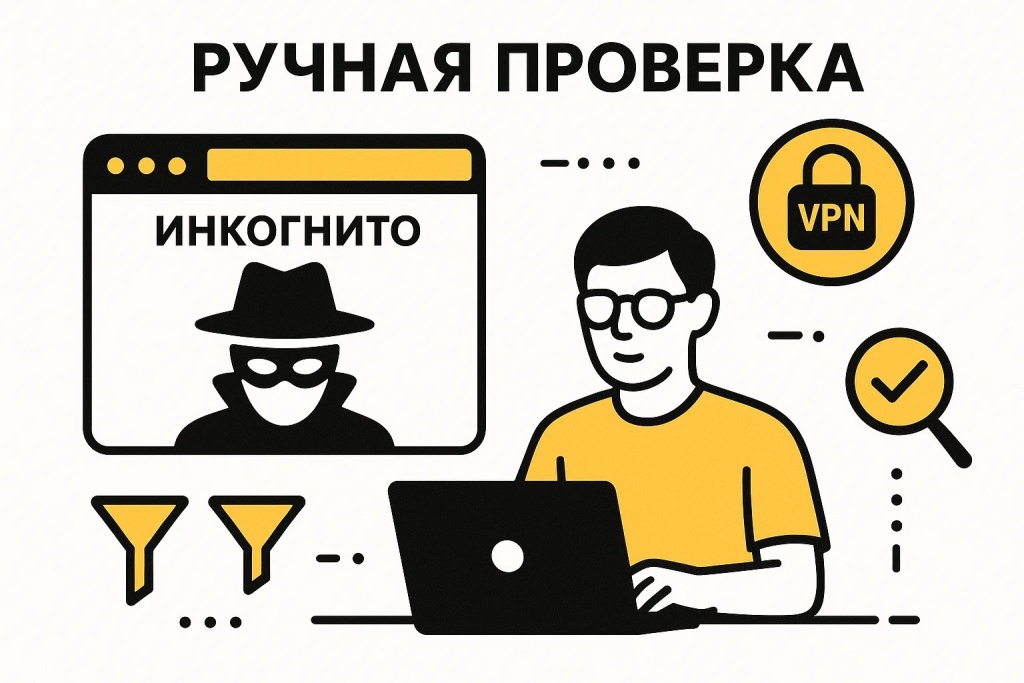 Ручная проверка SEO через инкогнито и VPN для точного анализа позиций. Ручная проверка SEO через инкогнито и VPN для точного анализа позиций.
