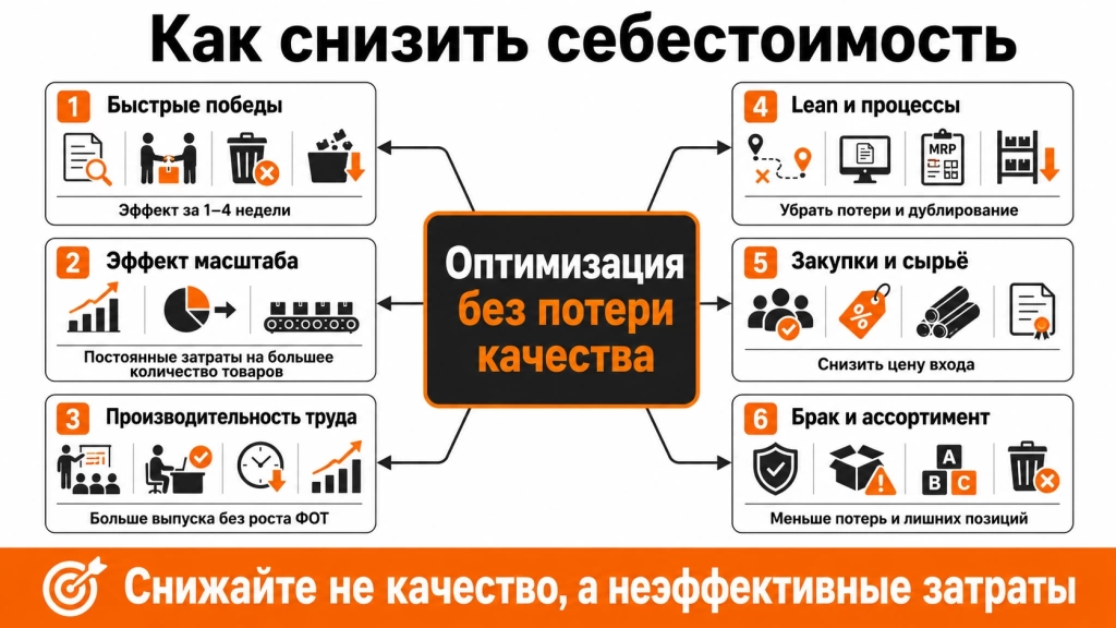 kak-snizit-sebestoimost-produkcii-metody.webp Инфографика с методами снижения себестоимости продукции: поставщики, масштаб производства, производительность, Lean, снижение брака и ABC-анализ ассортимента.