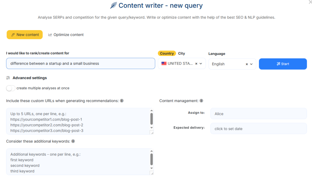 content-writer-startup-vs-small-business.png Настройка SEO-анализа и генерации контента по сравнению стартапа и малого бизнеса.