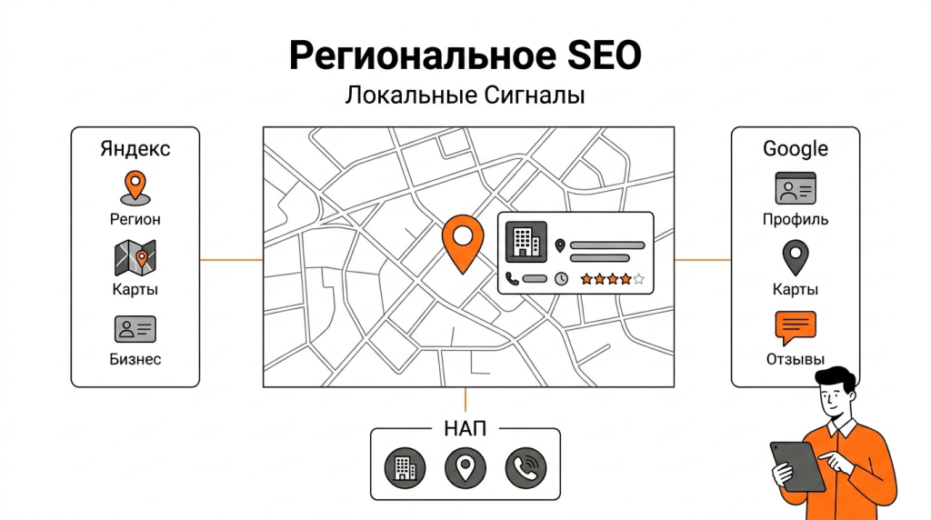 Инфографика о региональном SEO и локальных сигналах: геотаргетинг, адрес, карта, отзывы и карточка бизнеса. 