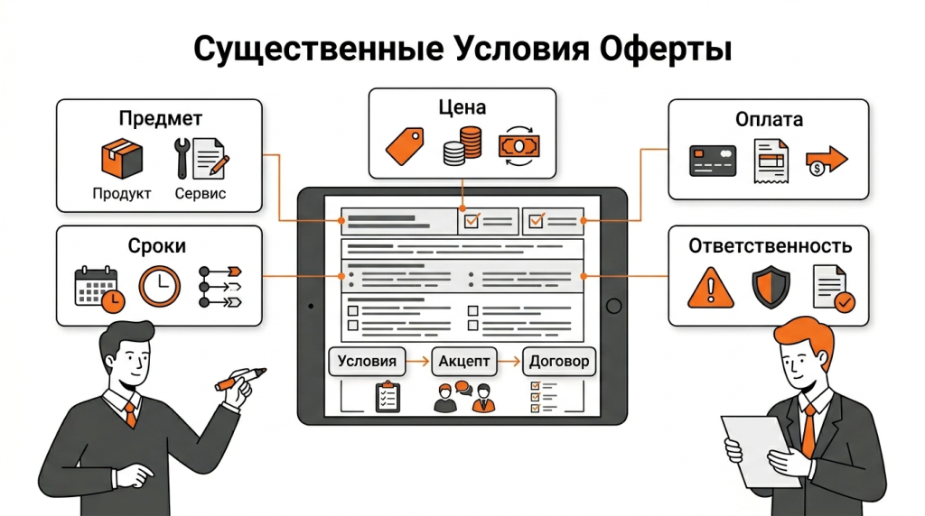 Инфографика о существенных условиях оферты: предмет сделки, цена, сроки, оплата, права, обязанности и ответственность сторон. 