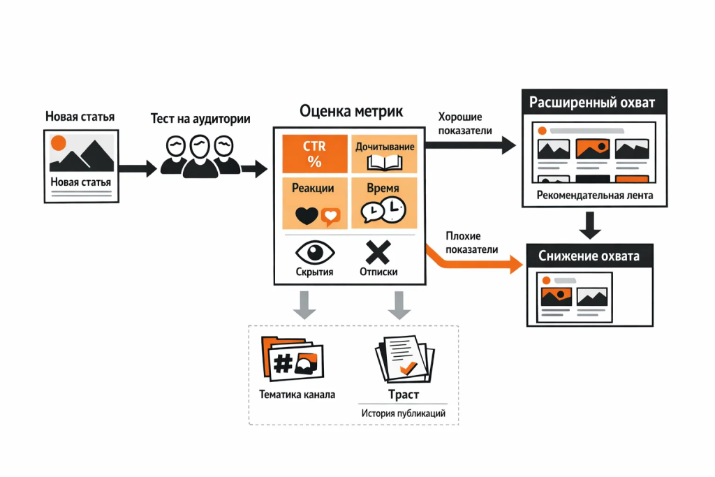 Иллюстрация работы рекомендательных алгоритмов Дзена с CTR, дочитываниями, реакциями и охватом.