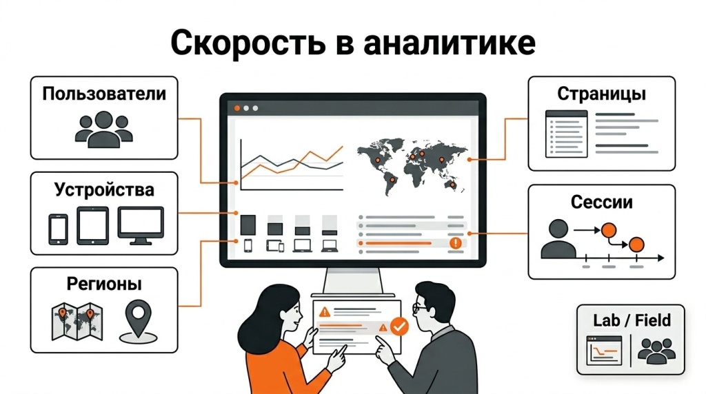 Инфографика о проверке скорости сайта через веб-аналитику: реальные пользователи, отчёты, устройства, регионы и время загрузки страниц. 