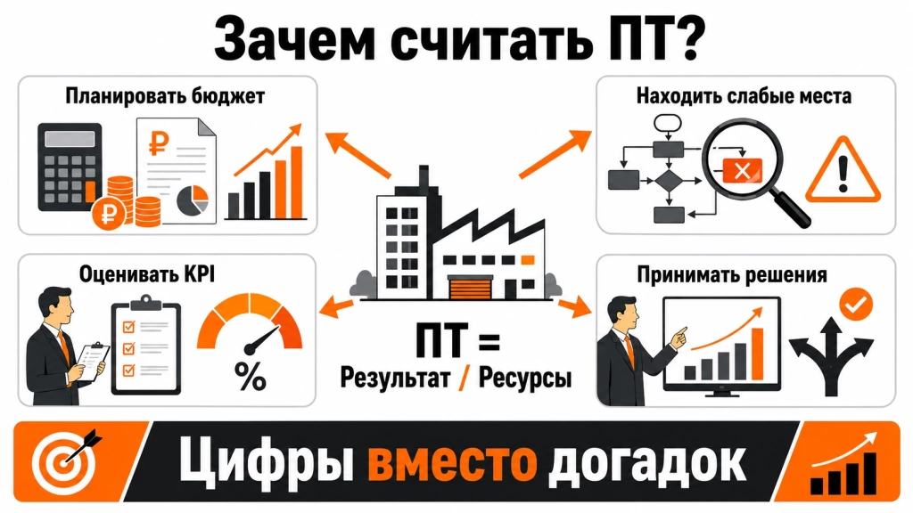 Инфографика о том, зачем бизнесу считать производительность труда: бюджет, слабые места, KPI и управленческие решения. 