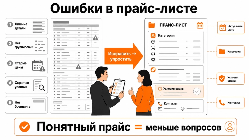 Инфографика о частых ошибках в прайс-листе: перегруженность, отсутствие группировки, неактуальные цены, скрытые условия и отсутствие фирменного стиля.