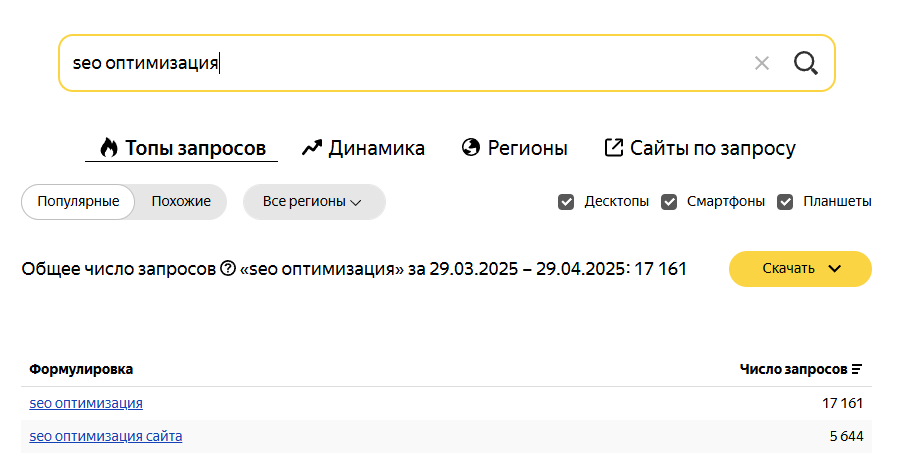 primer-vysokochastotnogo-klyuchevogo-slova.png Пример высокочастотного запроса с ключевыми словами для SEO.