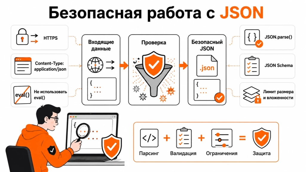bezopasnost-pri-rabote-s-json.webp Инфографика о безопасности JSON: HTTPS, стандартный парсинг, отказ от eval, JSON Schema, ограничение размера и проверка входящих данных.