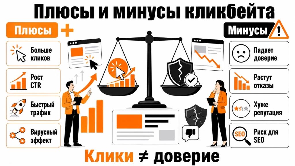Инфографика о плюсах и минусах кликбейтных заголовков: рост кликов и трафика против рисков для доверия и репутации.