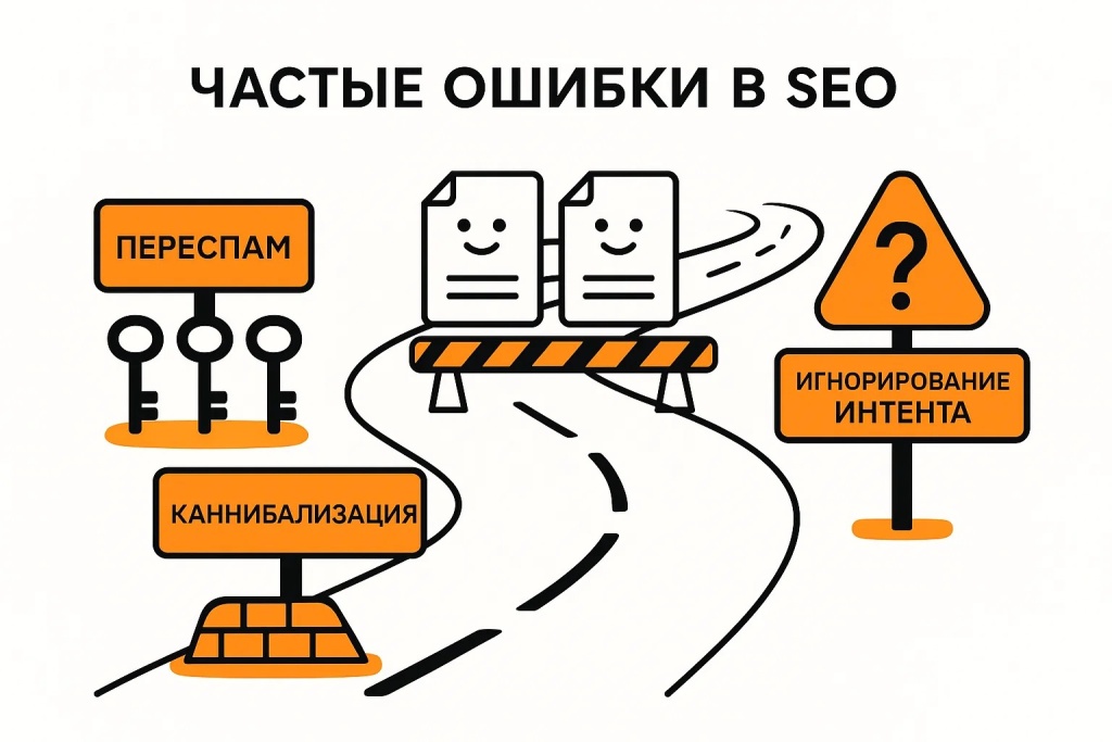 Инфографика с частыми ошибками в SEO: переспам, каннибализация и игнорирование интента Инфографика с частыми ошибками в SEO: переспам, каннибализация и игнорирование интента