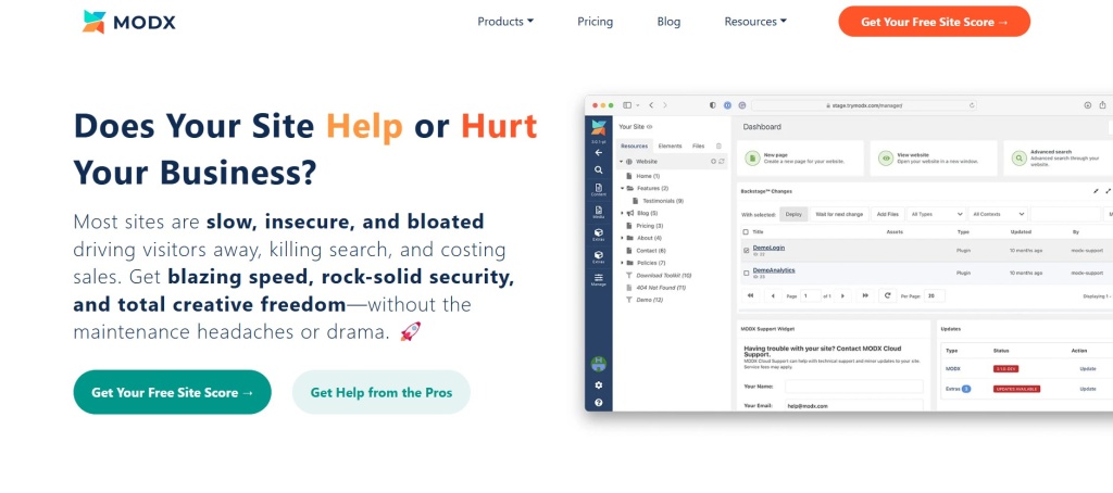 Главная страница сайта MODX с изображением дашборда системы управления контентом.