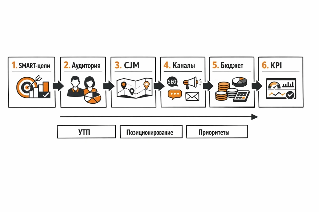 Пошаговая схема формирования маркетинговой стратегии: цели, аудитория, CJM, каналы, бюджет и KPI.
